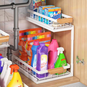 Organizador de especias extraíble multifuncional Almacenamiento de cocina práctico Estante de acero al carbono Debajo del <span class=keywords><strong>fregadero</strong></span> Gabinete de almacenamiento de 2 niveles - Product Image 4