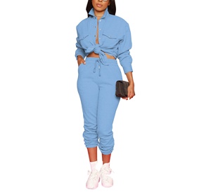 Toptan sonbahar moda düz eşofman kıyafetler 2 parça özel nakış Logo Jogger spor artı boyutu düğmeleri kadin setleri - Product Image 4