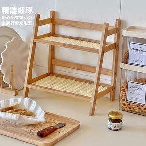 Wooden Two-tier <b>Storage</b> <b>Rack</b> With Rattan Mat <b>Kitchen</b> Shelf Standing Type Double Layer Thickened Material - Product Image 1