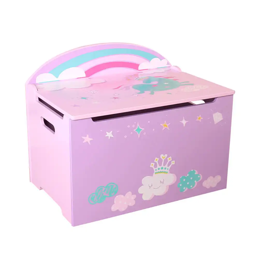 Popular unicorn design MDF wood toy box with eco friendly lacquer easy assembly kid toy storage organizer for wholesale