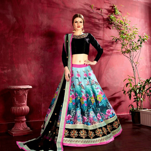 Women Lehenga Choli Set <b>Sequin</b> Embroidery Tropical Floral Print Woven Knee Length Dupatta Ethnic Outfit for Wedding - Product Image 1