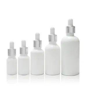 Botol Tetes Kaca Putih Opal Susu Padat 10Ml, 15Ml 30Ml 1 Oz 50Ml 100Ml dengan Cincin Perak untuk Minyak Esensial Serum Kemasan Cbd