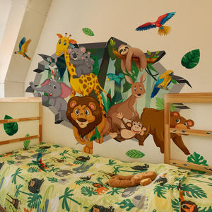 Autocollants <span class=keywords><strong>muraux</strong></span> autocollants pour <span class=keywords><strong>chambre</strong></span> à coucher, effet déchiré simulé de dessin animé, <span class=keywords><strong>jungle</strong></span>, lion, éléphant - Product Image 3