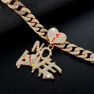 Collar de cadena cubana para hombre, estilo hip hop europeo-americano, con colgante de letras de cristal completo y diseño de corazón, estilo streetwear, NO LOVE - Product Image 3