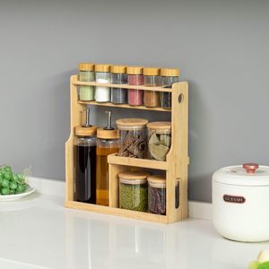 Scaffale da cucina a 3 livelli <span class=keywords><strong>con</strong></span> coperchi <span class=keywords><strong>in</strong></span> bambù e contenitori <span class=keywords><strong>in</strong></span> <span class=keywords><strong>vetro</strong></span>, porta spezie <span class=keywords><strong>con</strong></span> 6 barattoli dosatori - Product Image 4