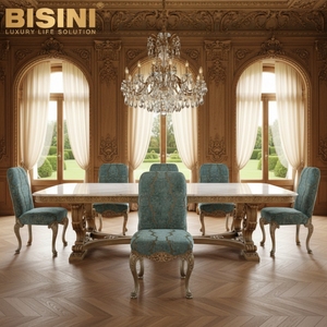 Fauteuil de salle à manger Parisian Prince d'inspiration italienne, avec structure en chêne sculpté et tissu brodé bleu - Product Image 4