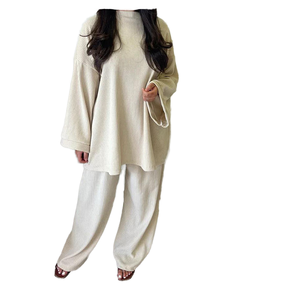 Vêtements islamiques modestes pour femmes, ensemble coordonné en velours côtelé, 2 pièces, décontracté, grande taille, ensemble abaya, tuniques surdimensionnées, pantalon assorti pour l'hiver - Product Image 1