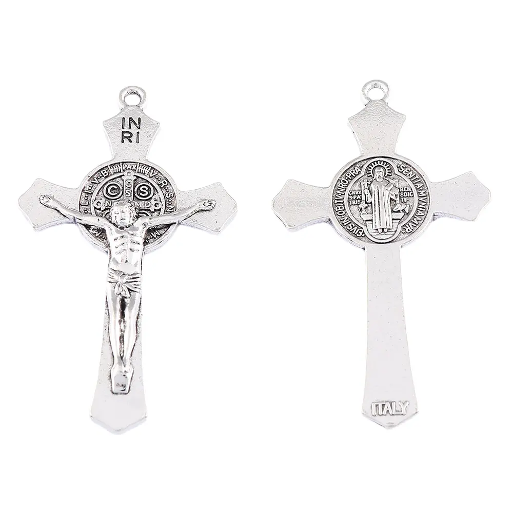 Antieke Zilveren Heilige Benedict Medaille Jezus Christus Kruisbeeld Kruis Bedels Hangers Voor Ketting Diy Sieraden Maken 70X41Mm