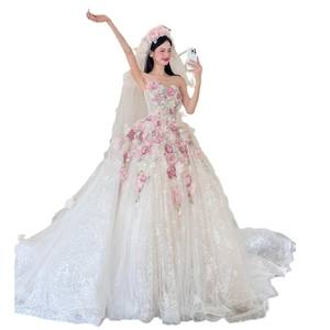 Vestido de <span class=keywords><strong>Novia</strong></span> Moderno sin Tirantes con Cola de Capilla, Talla Grande, Estilo 2025, Largo hasta el Suelo, Color <span class=keywords><strong>Rosa</strong></span> Claro, Encaje Floral, Corte en A - Product Image 5