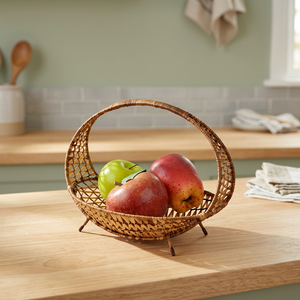 Panier à fruits en rotin fait main, conteneur de rangement rond, décoration de cuisine rustique, support alimentaire à un seul niveau en fibres végétales - Product Image 3