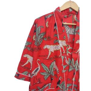 Red Leopard Print Hand Block Printed 100% Cotton Long Sleeve Knee-Length Loungewear <b>Robe</b> with Drawstring Closure - Product Image 2