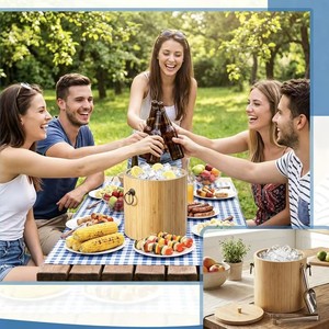 Wooden ice <b>bucket</b> <b>with</b> <b>lid</b>, ice tongs, ice spoon set for home use, parties, cooling drinks and beer, ice cubes, and - Product Image 2