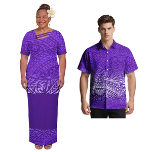 Ensemble de vêtements de couple au design tendance : Chemises classiques <span class=keywords><strong>pour</strong></span> hommes et Puletasi élégant <span class=keywords><strong>pour</strong></span> femmes, ensemble 2 pièces, tenue de couple polynésienne. - Product Image 4