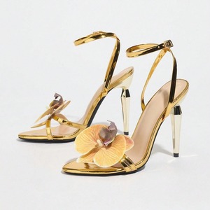 Sandalias de Tacón Alto para Mujer con Adornos Florales en 3D, Tiras en el Tobillo, Zapatos de Tacón Delgado y Sexy para Mujer - Product Image 3