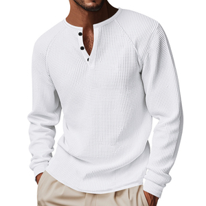 Camisetas Henley de <span class=keywords><strong>Manga</strong></span> <span class=keywords><strong>Larga</strong></span> Térmicas para Hombre, Cuello Redondo, Tejido Waffle, Ajuste Holgado, Logotipo Personalizado, Impresión Lisa - Product Image 2