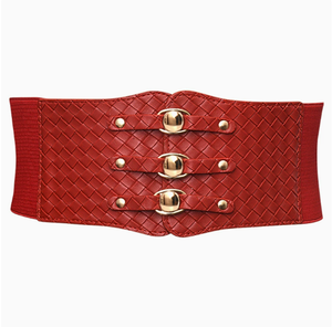Black Elastic Wide Belt with Vintage Style Round Head Buckles Gold-Toned <strong>Studs</strong> Woven Texture for Dresses <strong>Blouses</strong> Pants-HQ Brand - Product Image 1