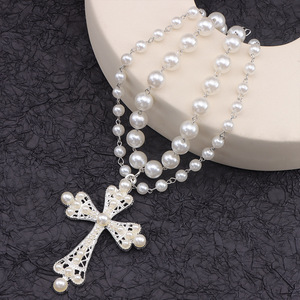 Fashion Layered Imitation Pearl <b>Cross</b> Necklace Black Geometric Alloy Clavicle <b>Chain</b> Multi Strand Statement Jewelry - Product Image 4