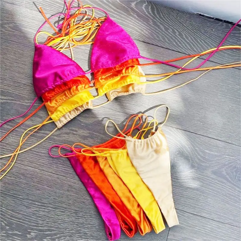 Conjunto de Mini Bikini de 3 piezas, traje de baño brillante de neón, Bikini brasileño de seda con cubierta, microtanga, venta al por mayor