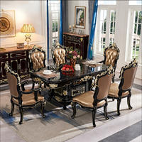 Table rectangulaire de salle à manger en bois d'acajou noir, style néoclassique européen antique, avec plateau en marbre doré, vente en gros