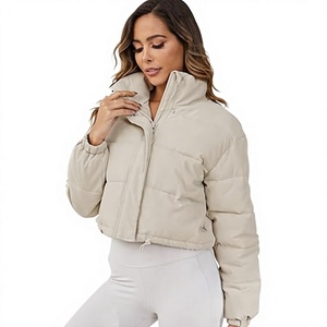 Women's <b>Cropped</b> <b>Puffer</b> <b>Jacket</b> Long Sleeve Puffy Coat Stand Collar Zip UP Quilted Padded Drawstring Outwear with Pockets - Product Image 1