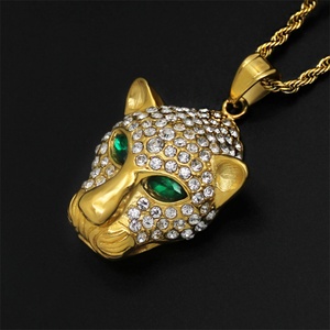 Hiphop Green Eye <b>Crystal</b> Leopard <b>Animal</b> Head Stainless Steel Gold Plated Pendant Necklace - Product Image 5