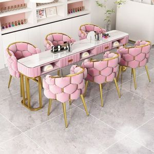 Modern Pink PU Leather <b>Manicure</b> <b>Table</b> and Chair Set with Gold Frame for Nail Beauty Salon Furniture 100x40x78cm - Product Image 5