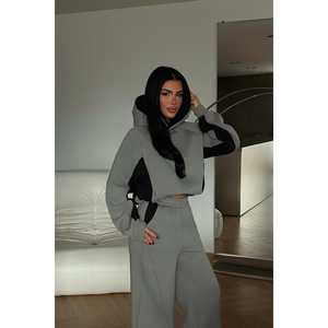 Survêtement à capuche gris bicolore personnalisable pour l'hiver, streetwear confortable, coupe-vent, imprimé délavé, respirant pour le jogging - Product Image 2