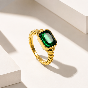 Green Rectangular Zirconia <b>Ring</b> Stainless Steel 14K Gold Vacuum Plated Twisted <b>Band</b> with <b>Emerald</b> Color Stone - Product Image 1