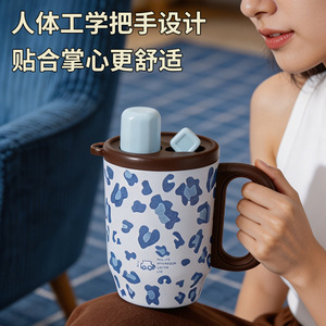 Termo con estampado de leopardo y asa, taza de café con aislamiento de doble pared de gran capacidad para uso diario de estudiantes - Product Image 5