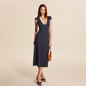 Vestido Largo Elegante para Mujer, Cuello en V, Cintura Alta, con Encaje y Puntos de Polka, Estilo Distinguido - Product Image 1