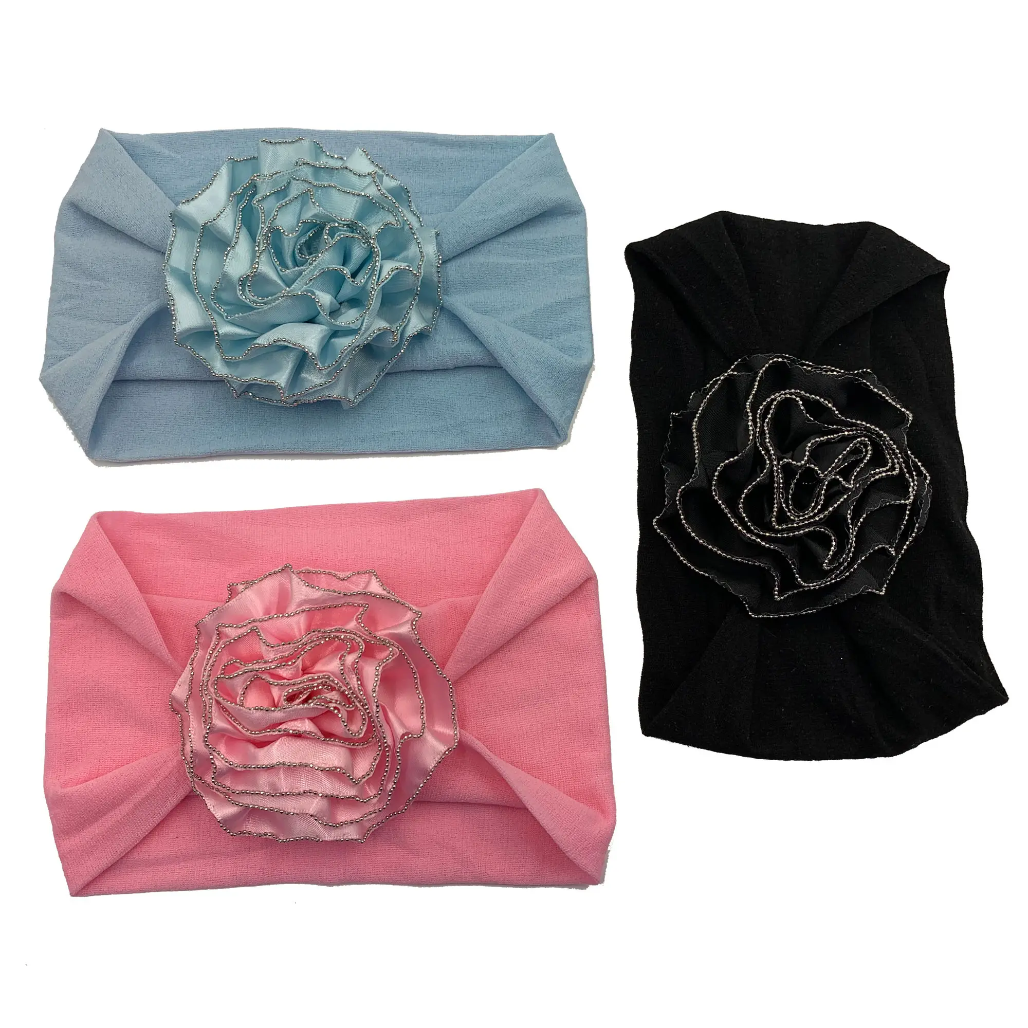 Bandeau en Nylon et Satin à volants pour femmes, couleurs bonbon, haut de cheveux 3D, chaîne en diamant, bord, collection printemps et été,