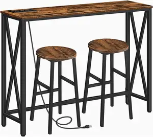 Ensemble de table à manger minimaliste avec cadre en métal solide, Table de canapé étroite avec prise de courant et 2 tabourets