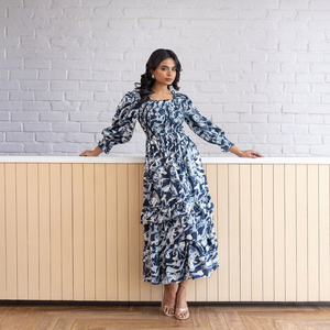 Robe midi en mousseline à imprimé floral, col en V, manches volantées, coupe trapèze ample, style bohème décontracté pour femme, pièce élégante pour l'été - Product Image 1
