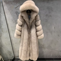 Abrigo Largo con Capucha de Piel Sintética Beige, Abrigos de Piel Natural Cálidos para Invierno, Abrigo de Piel de Zorro Real para Mujer
