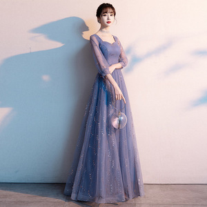 Elegant Blue Evening Gown Square Collar Empire Waist Long Sleeve For Wedding Party Banquet Annual Meeting - Product Image 4