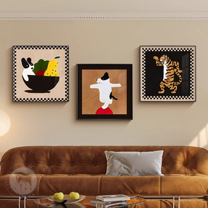 Framed Wall Art Cartoon Animals Oil <b>Canvas</b> Abstract Painting Rectangle Black <b>Frame</b> Restaurant Living Room Decor - Product Image 1