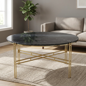 Table basse ronde unique en marbre noir avec base en métal doré, design moderne et élégant pour salon ou bureau - Product Image 1