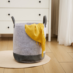 <b>Foldable</b> Laundry <b>Basket</b> Round 35x40cm Gray And Black Fabric Storage Bucket For Clothing Wardrobe Use - Product Image 1