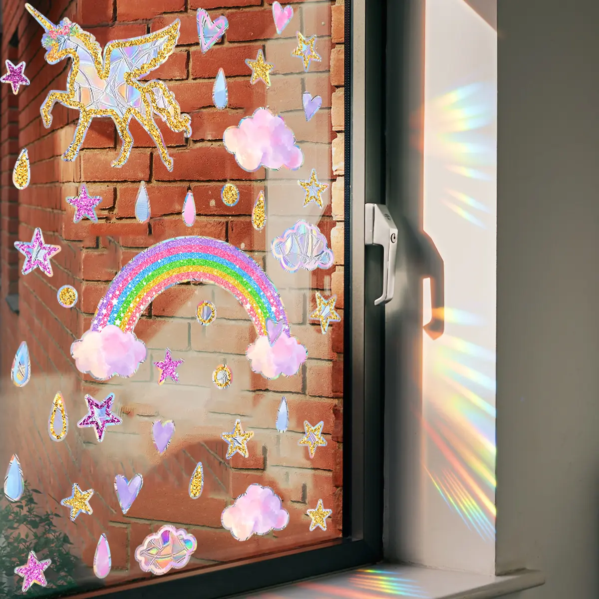 Creative Rainbow Pony Star heart Raindrops sun catcher sticker glass window stickers Home Decoration