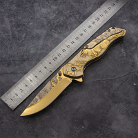 Couteau de poche pliant EDC en gros, finition titane, gravure loup 3D, corps en acier inoxydable, motif unique, cadeau DIY OEM, usage quotidien