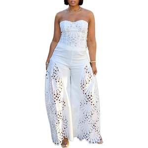 VOIKERDR Conjunto de dos piezas para mujer, top tipo corsé de encaje ahuecado y pantalones, atuendo elegante, transpirable, sin mangas - Product Image 2