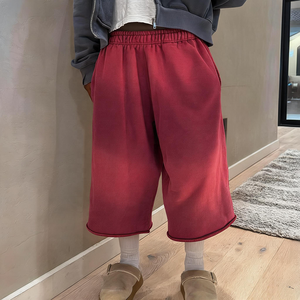 Shorts de survêtement 3/4 QIANSHI personnalisés, effet délavé soleil et usé, en coton épais de haute qualité, 100 % coton, coupe oversize pour homme - Product Image 1