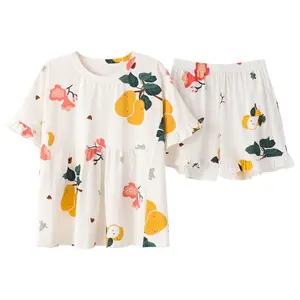 Wholesale women summer shortsleeve top and pants sexy 100% cotton pajamas set sleepwear