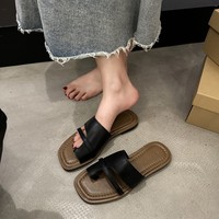 Chaussons d'été pour femmes à bout ouvert Nouvelles sandales coréennes rétro simples pantoufles romaines imprimées plates