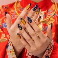 Nouvelle Offre Spéciale : Faux Ongles Chinois Xiuhe en Acrylique à Coller, Bleu Foncé, Effet Feuille d'Or, Œil de Chat, Fleur de Prunier, Forme Amande, Personnalisables