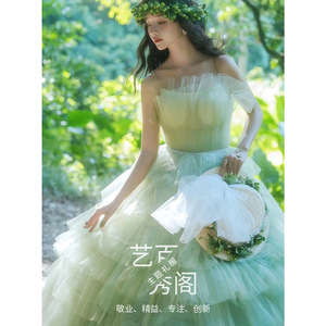 Forest Themed Green Tulle Ball Gown Strapless Empire Waist Wedding Dress For Photography And Portrait Sessions - Product Image 5