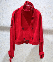 Veste Courte en Daim et Peau de Mouton pour Femme, Col Montant, Double Boutonnage, Manteau Court Automne Hiver, Vêtement d'Extérieur, Vente en Gros OEM