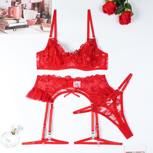 Conjunto de Lencería Sexy de 3 Piezas con Bordado de Rosas Rojas, Tanga Transparente de Malla y Liguero para Mujer - Product Image 6
