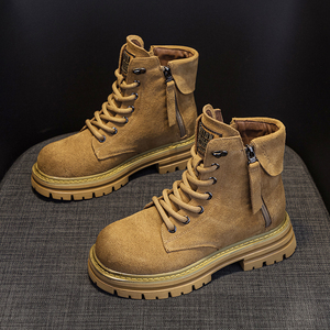 <span class=keywords><strong>Bottes</strong></span> montantes en daim et cuir véritable pour <span class=keywords><strong>femme</strong></span>, style <span class=keywords><strong>moto</strong></span> rétro, à lacets, talon compensé, rehaussant la silhouette, polyvalentes pour le travail - Product Image 1