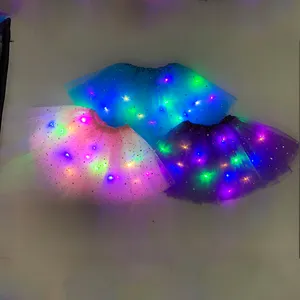 Katı renkli bebek kız gökkuşağı LED ışık up performans dans bale tutu etek